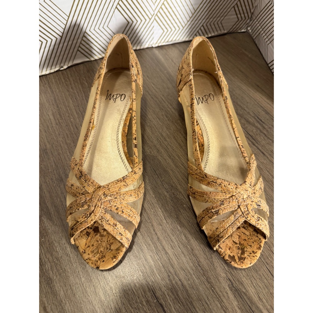 Impo Womens Cork Mesh Wedge Sandals‎ Peep Toe Strappy Low Heel Tan Gold
Size 7